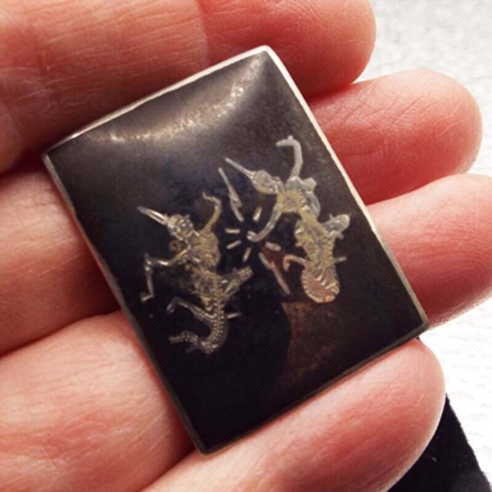 ANTIQUE SIAM STERLING DANCERS RECTANGULAR OXIDIZED FINISH PIN 62